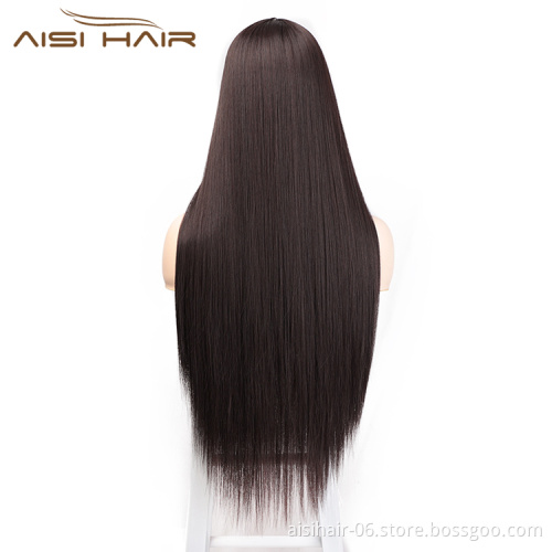 Aisi Hair Cheap 26 Inch Brown Wig Long Straight Silky Lace Frontal Wig Middle Part Synthetic Front Lace Hair Wigs For Women